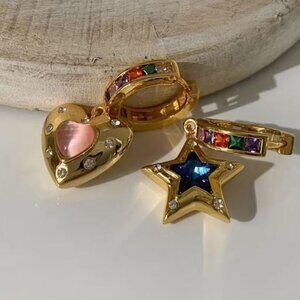 Private Label Gold Heart and Star Earrings with Pink and Blue Accents